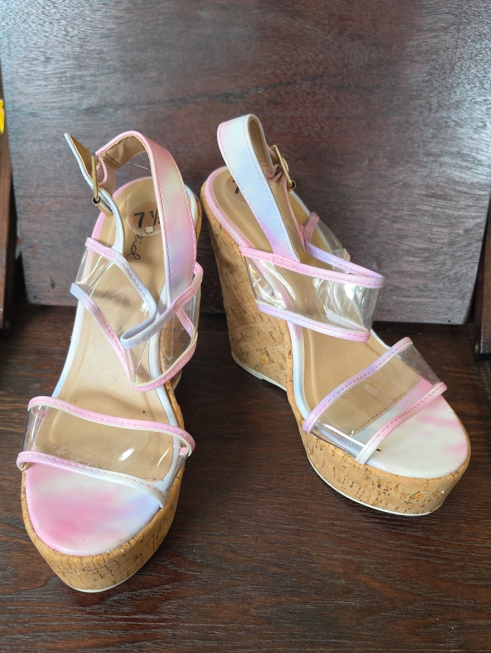 Qupid Pink Clear Strap Cork Wedge Sandals
